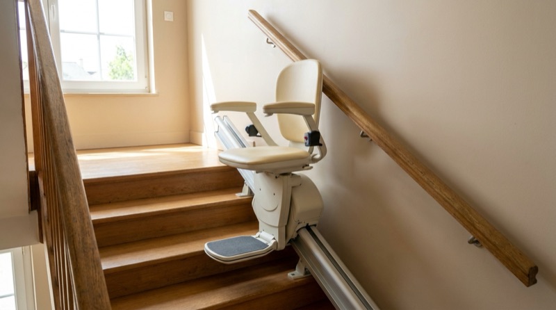 Monte-escalier droit installé sur un escalier rectiligne en bois