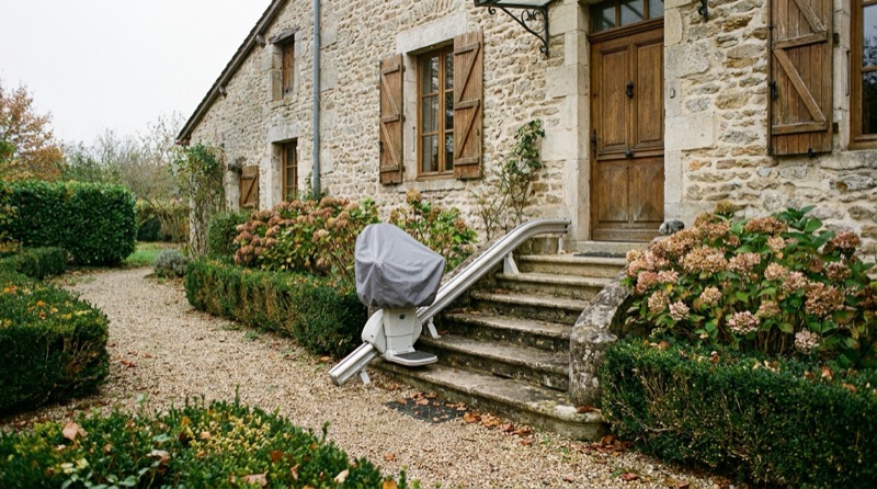 Monte-escalier extérieur le long des marches en pierre d'une maison